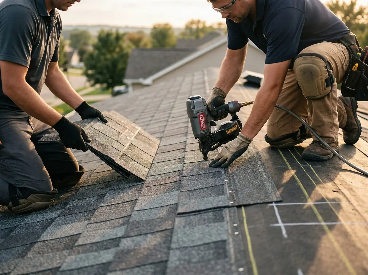 Professional roofer working on a residential roof in Viera East